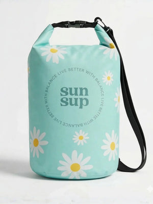 Light blue dry bag with daisy pattern and 'sun sup' branding on a white background